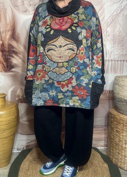 Tunique ample noire chinée grisée Frida Kahlo + tour de cou "Snood" assorti du 40 au 52 