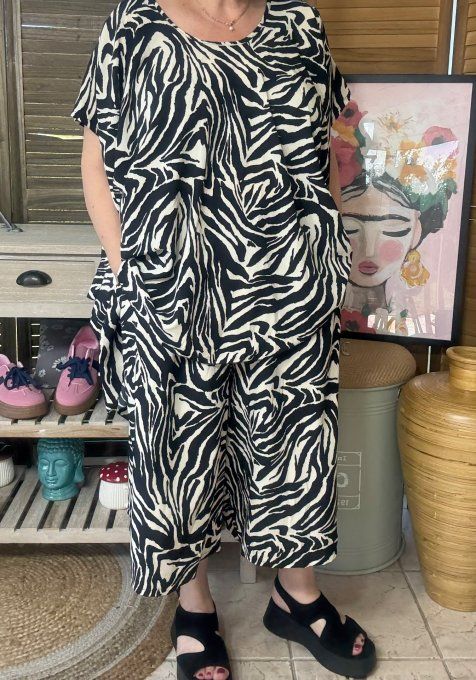 Ensemble jupe-culotte + blouse trapèze zèbre noir et crème du 40 au 52 