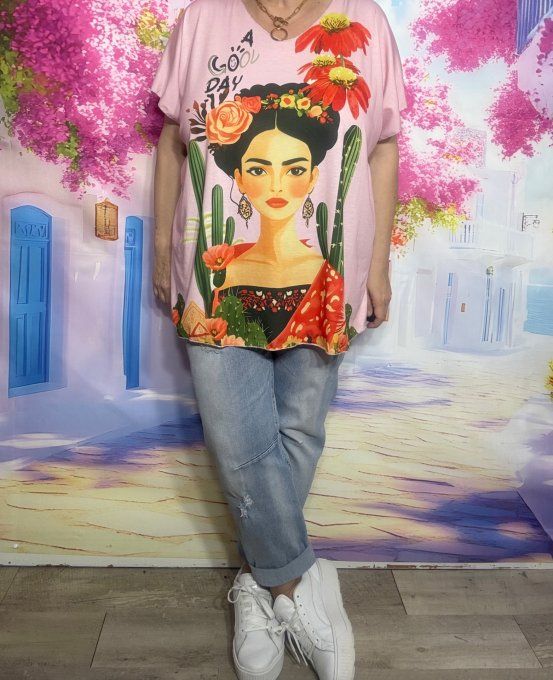 Top fin ample rose poudré Frida Kahlo Princess Spirit & Flowers du 42 au 54/56 