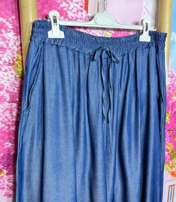 Pantalon Palazzo cuisses larges jeans fin Tencel stone foncé taille élastiquée du 42 au 52