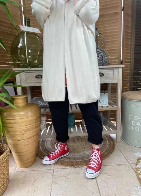 Gilet long sans laine ample crème étoile pailletée dorée douceur ++++ du 38 au 50/52 