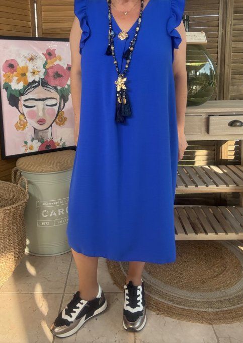 Robe trapèze Bleu Royal épaules volantées & broche dorée or du 40 au 52