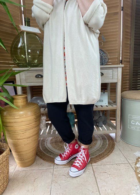 Gilet long sans laine ample crème étoile pailletée dorée douceur ++++ du 38 au 50/52 