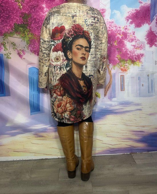 Robe-sweat ou Maxi-sweat Newspapers crème Frida Kahlo aux Fleurs confort +++ du 40 au 50/52