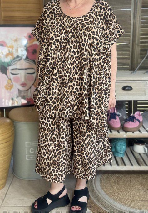 Ensemble jupe-culotte + blouse trapèze Léopard du 40 au 52 
