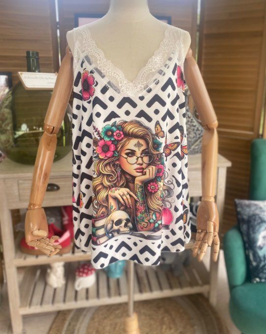 Caraco Débardeur Top trapèze satiné mat & dentelle Tattoo Girl & Skulls du 40 au 52  