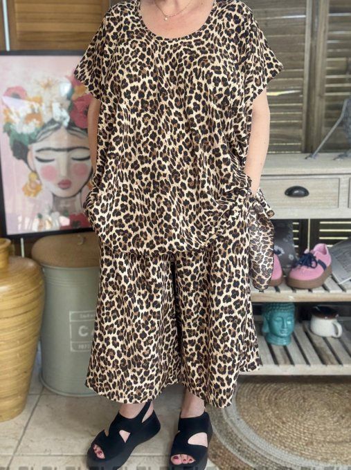 Ensemble jupe-culotte + blouse trapèze Léopard du 40 au 52 