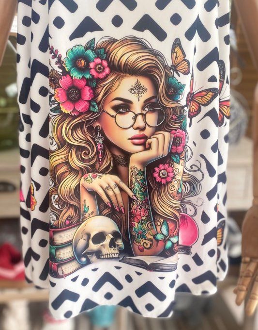 Caraco Débardeur Top trapèze satiné mat & dentelle Tattoo Girl & Skulls du 40 au 52  