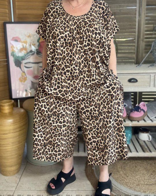 Ensemble jupe-culotte + blouse trapèze Léopard du 40 au 52 