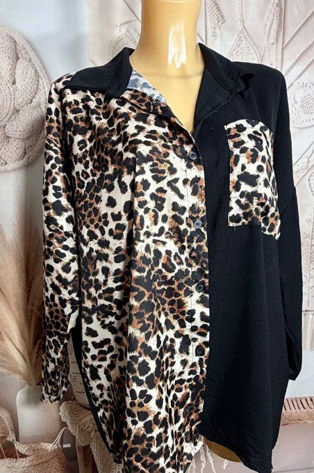 Chemise ample bicolore noire Léopard camel caramel du 40 au 50/52 