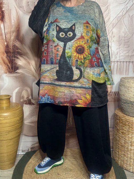 Tunique ample noire chinée grisée Le Chat Multicolore + tour de cou "Snood" assorti du 40 au 52 