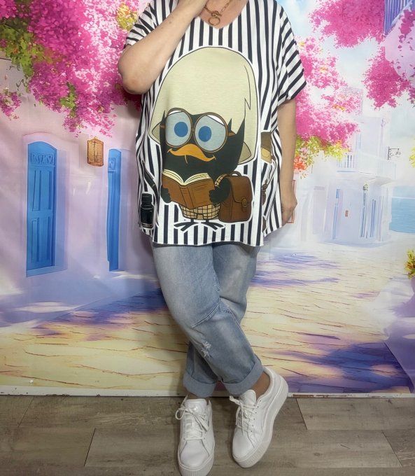 Top fin ample blanc rayé noir Calimero "C'est vraiment trop inzuste" du 42 au 54/56