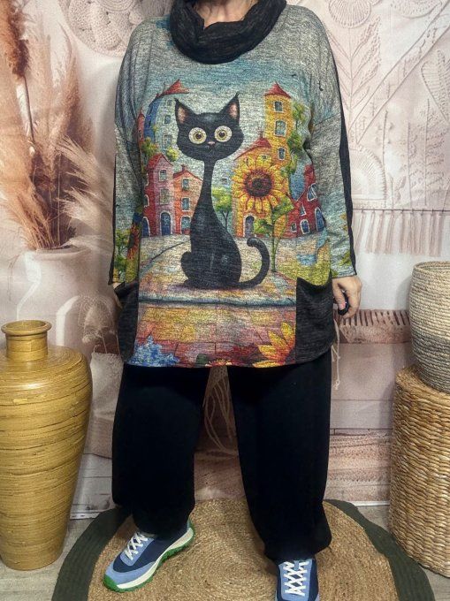 Tunique ample noire chinée grisée Le Chat Multicolore + tour de cou "Snood" assorti du 40 au 52 