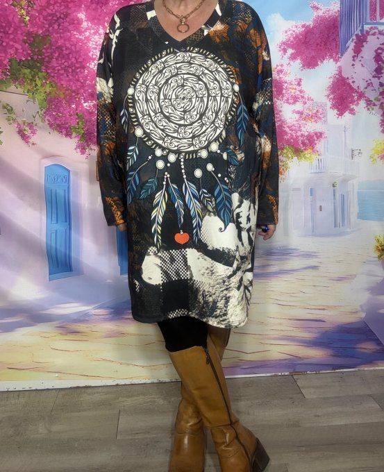 Robe-sweat ou Maxi-sweat marbré bleu & chocolat L'Attrape-Rêves confort +++ du 40 au 50/52