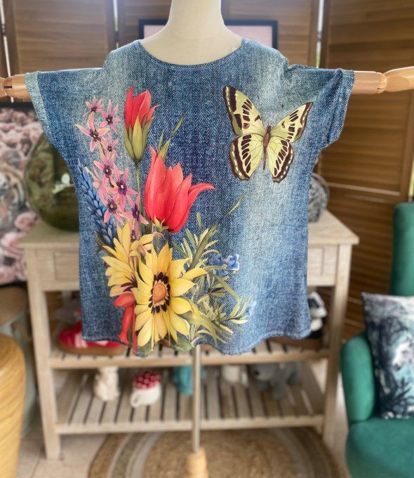 Top ample effet jeans délavé Les Papillons au Jardin du 38 au 50  