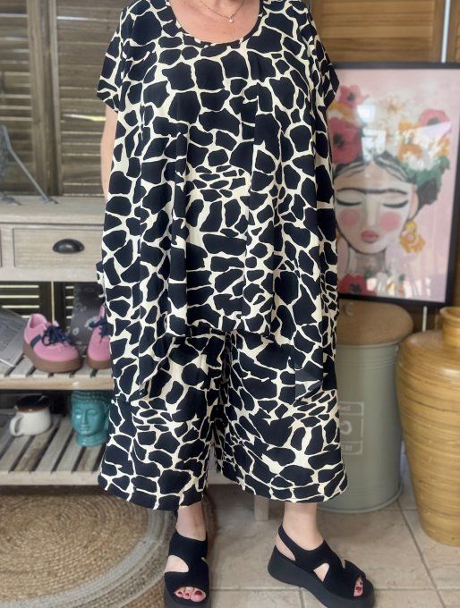 Ensemble jupe-culotte + blouse trapèze girafe noir et crème du 40 au 52