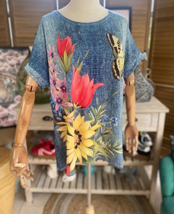 Top ample effet jeans délavé Les Papillons au Jardin du 38 au 50  