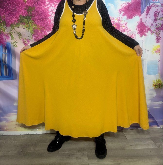 Robe trapèze longue jaune moutarde liseret écru Viscose confort +++ du 36 au 48/50