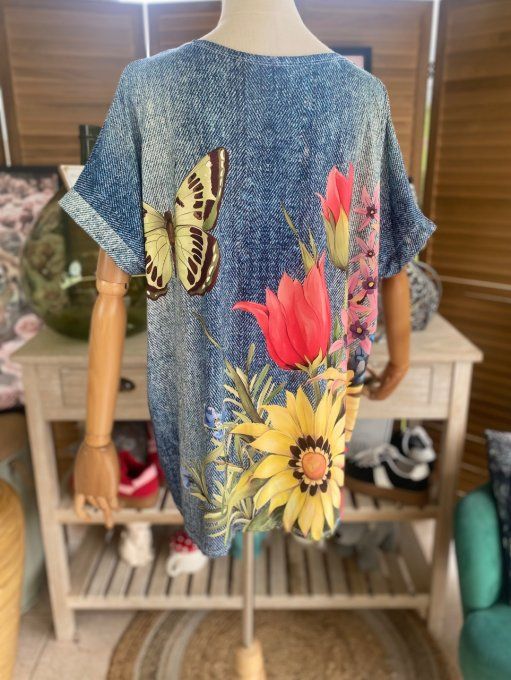 Top ample effet jeans délavé Les Papillons au Jardin du 38 au 50  