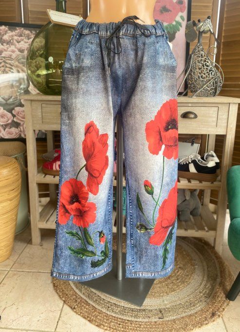 pantalon façon Palazzo effet jeans délavé coquelicots Rouges confort +++ du 42 au 52/54