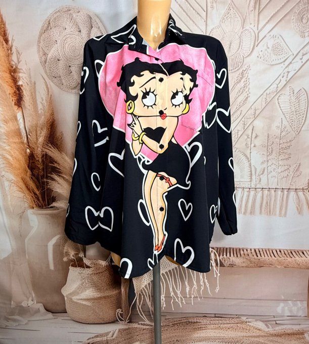Chemise ample noire manches réglables Betty Boop Pink Pin Up du 40 au 52 