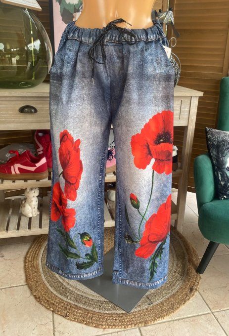 pantalon façon Palazzo effet jeans délavé coquelicots Rouges confort +++ du 42 au 52/54