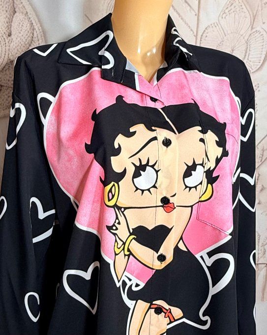 Chemise ample noire manches réglables Betty Boop Pink Pin Up du 40 au 52 