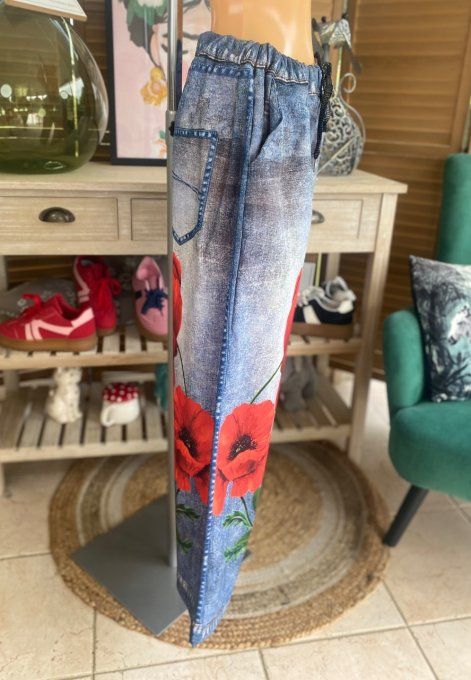 pantalon façon Palazzo effet jeans délavé coquelicots Rouges confort +++ du 42 au 52/54