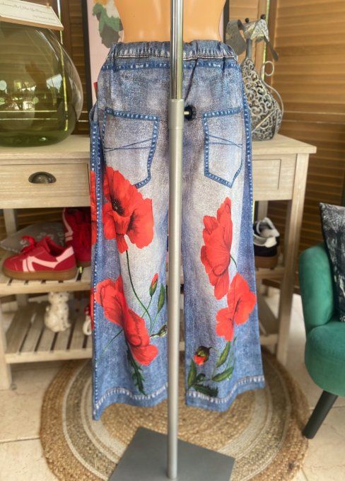 pantalon façon Palazzo effet jeans délavé coquelicots Rouges confort +++ du 42 au 52/54