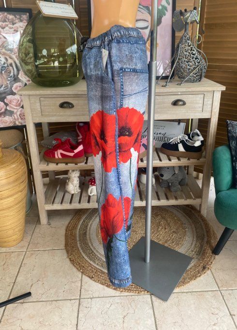 pantalon façon Palazzo effet jeans délavé coquelicots Rouges confort +++ du 42 au 52/54