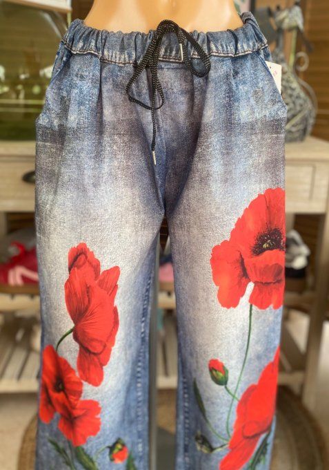 pantalon façon Palazzo effet jeans délavé coquelicots Rouges confort +++ du 42 au 52/54