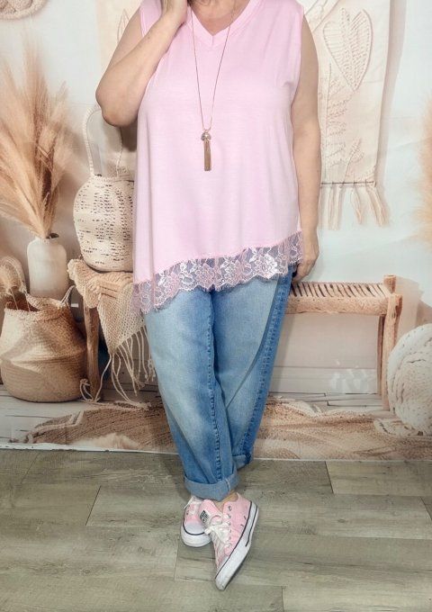 Top trapèze sans manches asymétrique rose bébé dentelle Les Basiques du Dressing du 40 au 52 