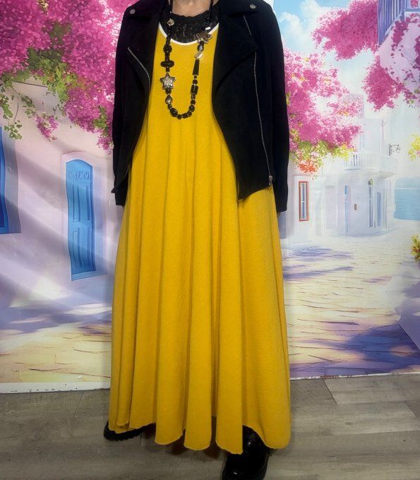 Robe trapèze longue jaune moutarde liseret écru Viscose confort +++ du 36 au 48/50