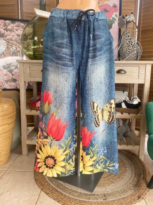 pantalon façon Palazzo effet jeans délavé Les Papillons confort +++ du 42 au 52/54