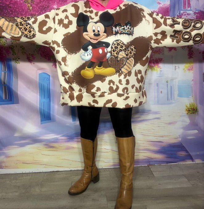 Sweat à capuche rose Fluo Léopard beige Mickey Mouse Rétro douceur +++ du 44 au 54