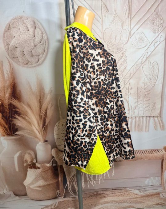 Chemise ample bicolore jaune citron Léopard camel caramel du 40 au 50/52 