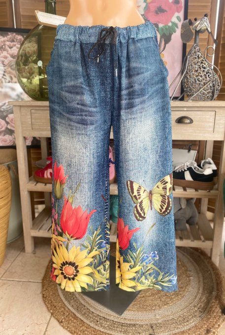 pantalon façon Palazzo effet jeans délavé Les Papillons confort +++ du 42 au 52/54