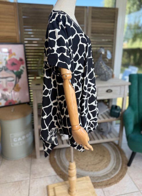 Ensemble jupe-culotte + blouse trapèze girafe noir et crème du 40 au 52