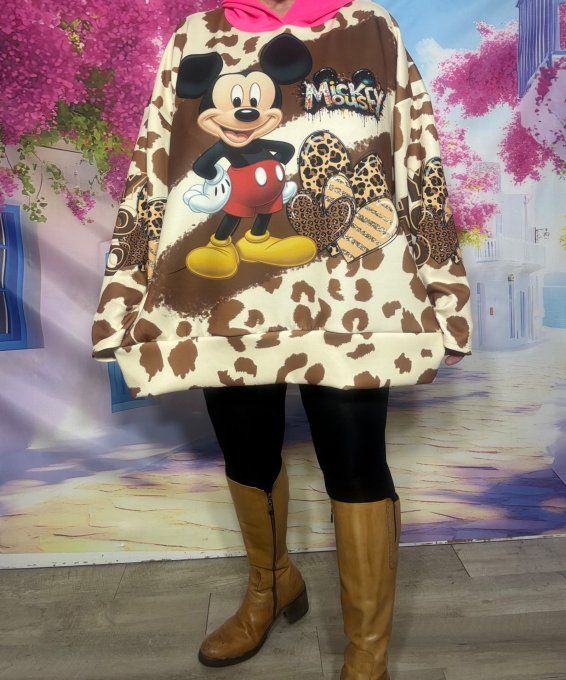 Sweat à capuche rose Fluo Léopard beige Mickey Mouse Rétro douceur +++ du 44 au 54
