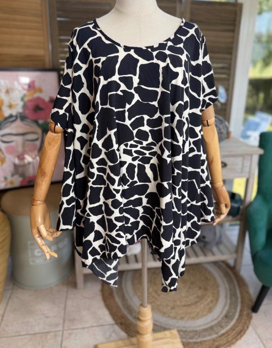 Ensemble jupe-culotte + blouse trapèze girafe noir et crème du 40 au 52