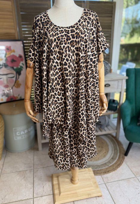 Ensemble jupe-culotte + blouse trapèze Léopard du 40 au 52 