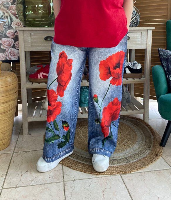 pantalon façon Palazzo effet jeans délavé coquelicots Rouges confort +++ du 42 au 52/54