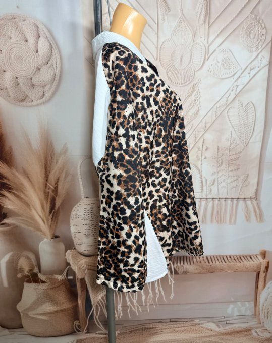 Chemise ample bicolore blanc Léopard camel caramel du 40 au 50/52 