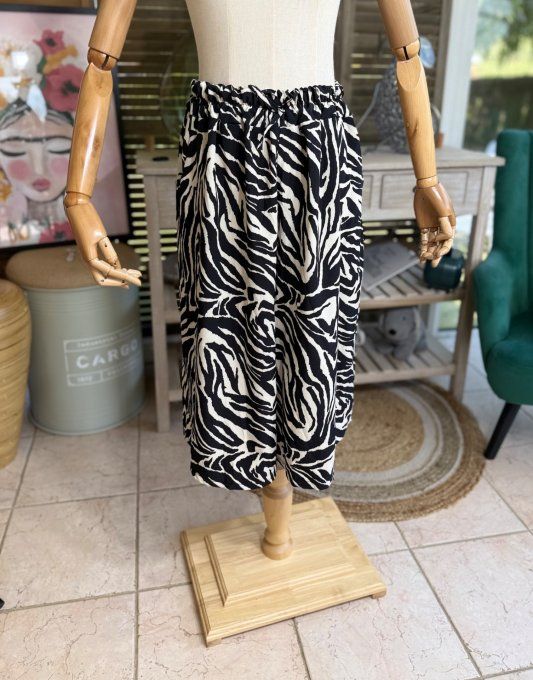 Ensemble jupe-culotte + blouse trapèze zèbre noir et crème du 40 au 52 