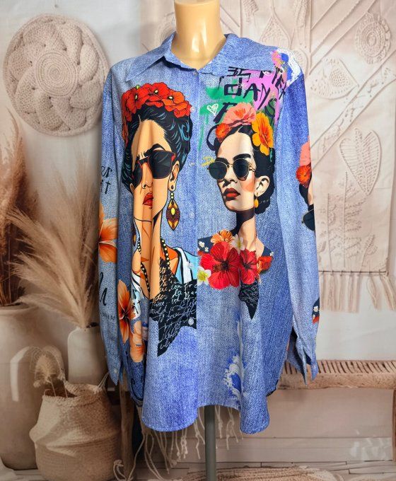 Chemise longue ample effet jeans délavé portraits de Frida Kahlo du 38 au 48