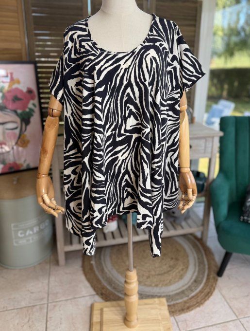 Ensemble jupe-culotte + blouse trapèze zèbre noir et crème du 40 au 52 