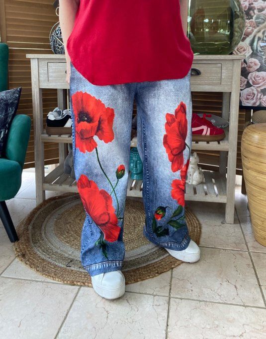 pantalon façon Palazzo effet jeans délavé coquelicots Rouges confort +++ du 42 au 52/54