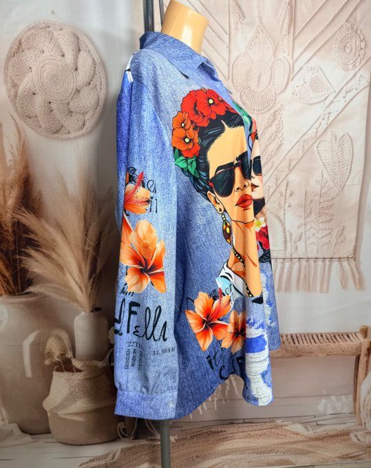 Chemise longue ample effet jeans délavé portraits de Frida Kahlo du 38 au 48