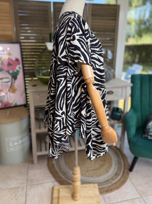 Ensemble jupe-culotte + blouse trapèze zèbre noir et crème du 40 au 52 
