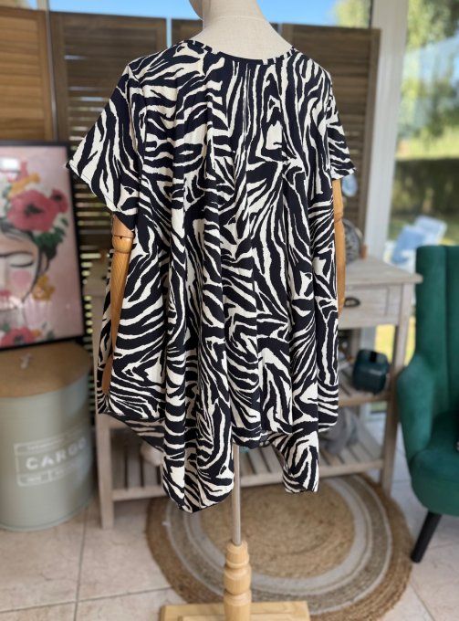 Ensemble jupe-culotte + blouse trapèze zèbre noir et crème du 40 au 52 